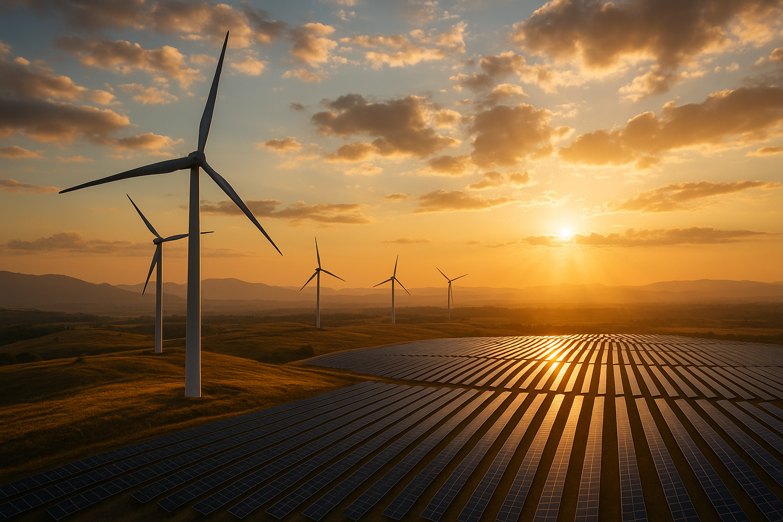 Wind farm turbines generating renewable energy with AceCAST GPU-accelerated weather forecasting for optimal power generation